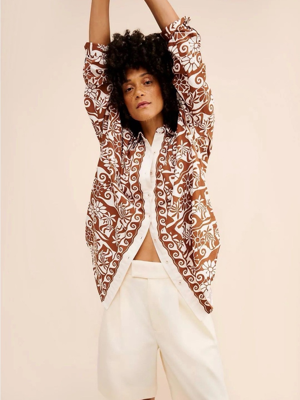 Anthropologie Brown & White Floral-Print Button Front top